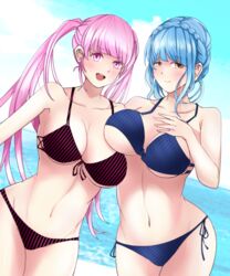 2021 2girls alternate_costume asymmetrical_docking bangs bare_midriff bare_shoulders bare_thighs beach bikini blue_bikini blue_hair blue_swimsuit braid brown_eyes collarbone female_only fire_emblem fire_emblem:_three_houses hilda_valentine_goneril large_breasts light_blue_hair long_hair looking_at_viewer marianne_von_edmund medium_hair nintendo open_mouth open_smile pink_eyes pink_hair purple_bikini purple_swimsuit smile swimsuit toshimasa twintails underboob water