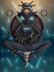 abstract_background anklet anus black_body black_pussy black_skin bracelet breath_of_the_wild closed_eyes ear_piercing ear_ring elderly_female female genitals hair hair_bun hi_res humanoid humanoid_pointy_ears jewelry levitation long_hair magic_user meditation mostly_nude necklace netherwulf nintendo nude piercing pubes pussy ring sheikah sheikah_monk sitting solo spread_legs spreading the_legend_of_zelda video_games white_hair