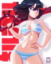 bikini blue_bikini foxilumi kill_la_kill matoi_ryuuko smile solo striped_bikini