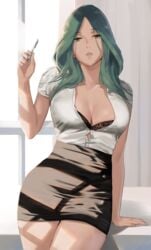arm_support black_bra black_skirt bra bra_cups_sticking_out bra_peek breasts cleavage collarbone curtains female fire_emblem fire_emblem:_three_houses fully_clothed green_hair highres holding holding_pen indoors j@ck large_breasts looking_at_viewer office office_lady parted_lips pen pencil_skirt rhea_(fire_emblem) secretary shirt short_sleeves skirt solo underwear white_shirt window