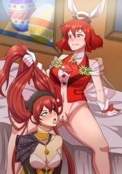 2girls alternate_costume bare_shoulders blush bottomless bunny_ears bunny_girl bunnysuit cleavage cunnilingus easter fire_emblem fire_emblem:_mystery_of_the_emblem fire_emblem:_shadow_dragon_and_the_blade_of_light fire_emblem_awakening fire_emblem_heroes grin hair_grab hair_pull humiliation medium_breasts minerva_(fire_emblem) minerva_(spring)_(fire_emblem) multiple_girls severa_(fire_emblem) severa_(spring)_(fire_emblem) smile smirk smug the_dark_mangaka twintails yuri