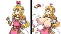 before_and_after big_breasts blonde_hair blue_eyes breast_expansion breast_growth breasts breasts_out dress earthbound exposed_breasts fully_clothed huge_breasts mushroom mushroom_on_head necklace poopishness princess_zelda ramblin'_evil_mushroom ripped_clothing the_legend_of_zelda two_panel_image zelda_(a_link_between_worlds)