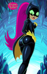 1girls 2013 2023s ass batgirl batgirl_(cosplay) big_ass big_breasts big_butt black black_bodysuit black_clothing black_latex bodysuit breasts butt cartoon_network cave clothing cosplay dc dc_comics english_text eyes female female_focus female_only gloves green_eyes hair hand_on_breast hand_on_own_breast humanoid indoors jpeg latex latex_clothing latex_suit open_eyes open_mouth pink_hair shadman shiny_clothes signature skin_tight solo speech_bubble standing starfire stuck_in_clothes superheroine teen_titans teen_titans_go teeth text tight_clothing tight_fit tongue