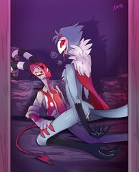 2boys anal anthro avian bird blitzo_(helluva_boss) bodily_fluids cape clothed clothing cum cum_inside curved_horn demon demon_humanoid feathers genital_fluids genitals grey_body grey_feathers helluva_boss hi_res horn humanoid humanoid_on_anthro imp male male_only markings nanalice owl owl_demon penis red_body red_eyes red_skin saliva spikes stolas_(helluva_boss) tongue tongue_out tuft vivienne_medrano white_body white_skin yaoi yellow_sclera