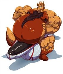 2019 anthro balls belly big_balls big_belly big_muscles big_penis black_nipples black_penis bobert bodily_fluids boxers_(clothing) canid canine chest_tuft clothed clothing countershading erection eyewear genitals glasses hand_on_stomach hi_res horn huge_balls huge_cock huge_muscles humanoid_genitalia humanoid_penis hyper hyper_balls hyper_belly hyper_genitalia hyper_muscles hyper_penis male mammal musclegut muscular navel nipple_piercing nipples penis piercing plantigrade red_body red_countershading simple_background sitting solo sweat sweatdrop tuft underwear underwear_only white_background