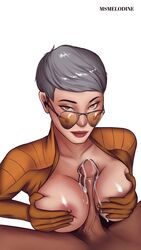 1boy 1girls 2d apex_legends areolae aviator_sunglasses breasts brown-tinted_eyewear cum cum_between_breasts cum_on_breasts emotionless expressionless female female_focus grey_hair looking_at_viewer looking_over_eyewear looking_over_glasses looking_over_sunglasses looking_through male msmelodine nipples paizuri penis short_hair solo_focus sunglasses tinted_eyewear titjob valkyrie_(apex_legends) very_short_hair white_background