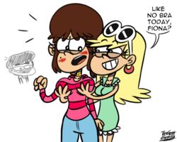 1boy 2girls black_eyes blonde_hair blush braless breast_grab breasts brown_hair denim dialogue dress duo earrings english_text eyelashes female female/female fiona_(the_loud_house) grabbing grabbing_breasts grin grope groping groping_breasts half-closed_eyes jeans leni_loud miguel_(the_loud_house) no_bra open_mouth pants shirt smile speech_bubble sunglasses sunglasses_on_head text the_loud_house thegreatgreninja white_background yuri