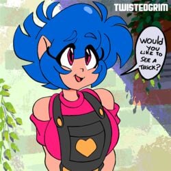 animated big_areola big_breasts big_nipples blue_hair boob_fart breast_fart comedy elf emi emi_(character) emi_(twistedgrim) fart_sound_effect female female_focus female_only flashing gif huge_breasts light-skinned_female original pink_eyes titty_drop twistedgrim