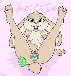 anthro better_version_at_source big_ears breasts easter egg egg_laying female genitals green_eyes hi_res hirurux holidays lagomorph legs_up leporid mammal nipples nude pussy rabbit short_tail solo solo_focus spread_pussy spreading