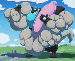 2021 3_toes 4_fingers anthro balls big_balls big_muscles big_pecs big_penis blue_body blue_countershading blush bobert city cloud countershading day erection feet fingers fist flexing genitals grey_balls grin hand_on_penis huge_balls huge_cock huge_muscles humanoid_genitalia humanoid_penis hyper hyper_balls hyper_genitalia hyper_muscles hyper_penis lucario macro male male_only muscular nintendo nude pecs penis pink_penis plantigrade pokémorph pokemon pokemon_(species) silver_the_lucario sky smile solo toes video_games