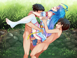 1girls 2boys anal blue_hair breasts breasts_out double_penetration douluo_dalu douluo_dalu_2 female grass no_panties outside pussy sex standing_sex tagme tang_wutong threesome vaginal_penetration white_stockings