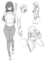 bra_strap breasts curvy earrings female jeans long_hair monochrome sketch sweater urec wide_hips