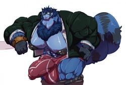 2019 alternate_species anthro balls big_balls big_bulge big_muscles big_pecs big_penis black_nipples blue_body blue_fur blue_hair bobert bottomwear bulge chest_tuft clock clothed clothing erection eyewear fur genitals glasses hair hand_on_hip huge_balls huge_bulge huge_cock huge_muscles huge_nipples huge_pecs hyper hyper_balls hyper_bulge hyper_genitalia hyper_muscles hyper_pecs hyper_penis looking_at_viewer male mammal muscular nipples pants pants_down partially_clothed pecs penis procyonid raccoon shirt simple_background smile solo suit topwear tuft underwear wafflebird watch white_background wristwatch