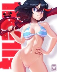 bikini_top black_hair bottomless foxilumi kill_la_kill matoi_ryuuko smile solo striped_bikini