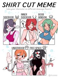 ! ... 5girls boob_window breasts cerebella female female_only flat_chest flat_chested green_hair ileum_(skullgirls) leviathan_(skullgirls) meme mizudeppou parasoul peacock_(skullgirls) red_hair shirt_cut_meme sideboob skullgirls squigly tagme