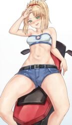 1girls arm_up belly belly_button blonde_hair blonde_hair blush blush breasts cleavage cleavage_cutout crop_top denim denim_shorts eyebrows eyebrows_visible_through_hair fate/apocrypha fate/grand_order fate_(series) female female female_focus female_only flustered green_eyes hair hand_on_head hand_on_own_head laying laying_on_back long_hair looking_at_viewer messy_hair mordred_(fate) motorcycle navel one_arm_up open_mouth ponytail sarhce short_shorts shorts simple_background small_breasts solo solo_female solo_focus teeth thighs tied_hair tongue vehicle white_background