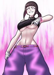 1girls 2021 alternate_hairstyle belt black_hair bracelet constricted_pupils ear_piercing elon_(ab0895) goth hi_res juri_han lowrise_jeans midriff navel navel_piercing pink_eyes smile spiked_collar street_fighter streetwear tube_top underboob wrapped_hands