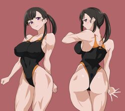 alternate_version_available ass back backboob bangs black_hair black_one-piece_swimsuit black_swimsuit black_swimwear blush breasts clenched_hands enen_no_shouboutai female female_focus female_only fire_force looking_at_viewer multiple_images muscles muscular muscular_arms muscular_female muscular_thighs nipples one-piece_swimsuit oze_maki pink_background ponytail purple_eyes simple_background solo solo_female solo_focus sport_swimsuit standing swimsuit webslinger