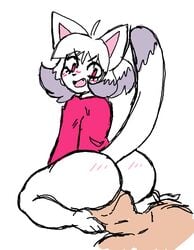 2021 ahoge ambiguous_gender anthro ass big_butt bottomless clothed clothing digital_drawing_(artwork) digital_media_(artwork) dipstick_hair dipstick_tail domestic_cat duo facesitting felid feline felis fur hair human human_on_anthro interspecies male mammal multicolored_tail open_mouth robo_(robosylveon) simple_background topwear unknown_artist white_body white_fur white_hair