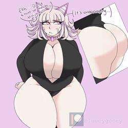 big_ass big_breasts bluueygooey breasts cat_ears choker cleavage danganronpa danganronpa_2:_goodbye_despair embarrassed english_text gamer_girl huge_ass huge_breasts massive_ass massive_breasts name_drop nanami_chiaki pink_eyes simple_background straight_hair super_danganronpa_2 text thick_thighs thighs voluptuous