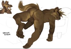 1boy 2021 anthro ass_up backsack balls closed_eyes darkgem foreskin furniture genitals glass hyaenid male male_only mammal open_mouth partially_retracted_foreskin patreon pawpads penis penis_backwards sleeping sofa solo spotted_hyena teeth teeth_visible