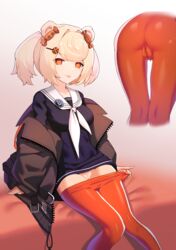 animal_ears arknights ass bear_ears blonde_hair breasts coat ett exposed exposed_pussy female female_only gummy_(arknights) hairpin knees_together_feet_apart legs legwear looking_at_viewer medium_breasts medium_hair orange_eyes orange_legwear orange_pantyhose pantyhose pantyhose_pull presenting presenting_pussy pussy pussy_juice pussy_juice_drip pussy_visible_through_clothes school_uniform sitting stretching thighs tongue tongue_out uncensored uniform wavy_mouth white_background