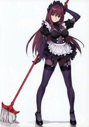 bangs bodysuit broom brown_eyes brown_hair clothed fate/grand_order fate_(series) female female_only hazel_eyes heels high_heels maid panties pantyhose scathach_(fate) shoes tagme waist_apron yang-do