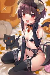 :o black_bra black_elbow_gloves black_garter_belt black_garter_straps black_legwear black_lingerie black_stockings black_thong bra chomusuke corruption elbow_gloves frown garter_belt garter_straps gray_horns halloween horn kono_subarashii_sekai_ni_shukufuku_wo! lingerie looking_at_viewer megumin nervous osa_(osaosa) panties petite petite_body petite_breasts petite_female plush_toy red_cross red_eyes small_breasts small_wings stockings succubus succubus_costume tail thong wings young young_female young_woman