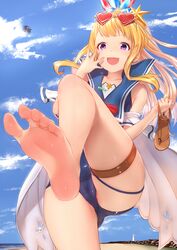 ass bangs bare_shoulders barefoot beach blonde_hair blue_sky blue_swimsuit blush breasts cagliostro_(granblue_fantasy) cameltoe collarbone day dragon eyewear_on_head feet female foot_fetish foot_focus fully_clothed granblue_fantasy gundam00uc hair_ornament hand_up heart heart-shaped_eyewear high_ponytail highres leg_up legs lighthouse long_hair looking_at_viewer ocean off_shoulder one-piece_swimsuit open_mouth purple_eyes sailor_collar sandals sidelocks sky small_breasts smile soles solo swimsuit thigh_strap toes wet yui_hiroshi