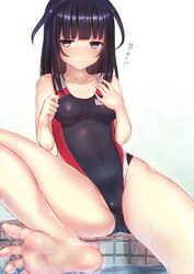 agatsuma_kaede alice_gear_aegis barefoot bathtub black_eyes black_hair black_swimsuit breasts collarbone commentary_request competition_swimsuit covered_navel eyebrows_visible_through_hair feet female foot_fetish foot_focus gundam00uc long_hair one-piece_swimsuit simple_background sitting small_breasts soles solo swimsuit translation_request water white_background yui_hiroshi