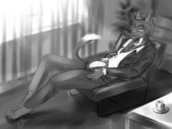 4:3 aleksikashvets anthro claws claws_out clock clothing felid feline furniture male mammal monochrome presenting sil_blackmon sofa solo suggestive_pose suit watch