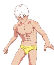 1boy abs aitken aitkenbot big_penis blush briefs bulge embarrassed exhibitionism male muscular partially_clothed public solo solo_male sweat swim_trunks swimsuit swimwear teenager tight_clothing tight_fit underwear wardrobe_malfunction white_hair young