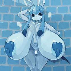 anthro big_breasts blue_body blue_eyes blue_hair blue_nipples blue_nose breasts censored covered_nipples eeveelution eyelashes female glaceon huge_breasts kemomoz looking_down navel nintendo pasties pokémon_(species) pokemon pussy sagging_breasts solo video_games