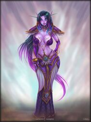 blue_eyes detached_sleeves dress elf eyebrows gradient_hair large_breasts long_hair pauldrons pink_hair pointy_ears revealing_clothes teal_hair tentacle vempire void_elf warcraft world_of_warcraft