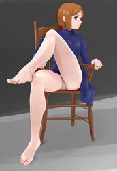 1girls bare_legs brown_eyes brown_hair chair chin_length_hair eyelashes feet female foot_fetish foot_focus ginger highres jujutsu_kaisen kugisaki_nobara light_skin medium_hair no_panties red_eyes shirow_(mha03133) short_hair sitting slim solo student toes upskirt