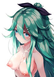 bangs black_ribbon breasts cum cum_on_body cum_on_breasts facial female green_eyes green_hair hair_between_eyes hair_flaps hair_ornament hair_ribbon hairclip highres kantai_collection large_breasts nipples nude parted_bangs ponytail ribbon sidelocks solo upper_body yamakaze_(kantai_collection) yuzumaki_tajii