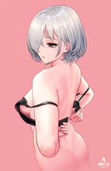 1girls arms_behind_back artist_name ass bangs bare_shoulders black_bra bra breasts cowboy_shot dressing eyes_visible_through_hair female from_side grey_hair hair_over_one_eye highres infinote lace lace-trimmed_bra lace_trim medium_breasts open_bra original parted_lips pink_background sashou_mihiro short_hair sideboob solo strap_slip symbol_commentary underwear