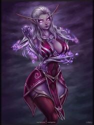 elf eyebrows facial_markings first_arcanist_thalyssra glowing large_breasts lips long_hair nightborne pauldrons pink_eyes pointy_ears revealing_clothes silver_hair thighhighs vempire warcraft world_of_warcraft