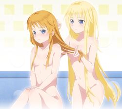 2girls alice_schuberg blonde_hair blue blue_eyes blush breasts brown_hair censored closed_mouth duo female hair_censor hands_on_own_knees highres light-skinned_female long_hair medium_breasts multiple_girls navel nude orange_hair petite selka_schuberg siblings sisters sitting small_breasts smile sword_art_online sword_art_online:_alicization very_long_hair washing_hair wet