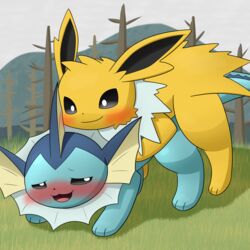 1:1 ambiguous_gender ambiguous_penetrated anthro blue_body blush duo eeveelution feral feral_on_feral feral_penetrated feral_penetrating feral_penetrating_feral forest fur half-closed_eyes hi_res jolteon male male/ambiguous male_on_top male_penetrating male_penetrating_ambiguous narrowed_eyes nintendo on_top open_mouth penetration plant pokémon_(species) pokemon sex tokumei_tm tree vaporeon video_games white_body white_fur yellow_body yellow_fur