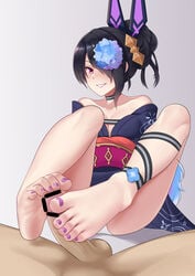 1boy absurdres black_hair cassandra_(dragalia_lost) censored dragalia_lost feet female footjob grin hair_over_one_eye highres long_hair oirin panties pantyshot penis pov purple_eyes smile soles testicles toenail_polish toes underwear