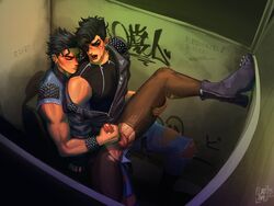 2boys anal_penetration anal_sex bathroom_stall clothing diamond_is_unbreakable ear_piercing earrings erection gay gay_sex graffiti handjob incest jojo's_bizarre_adventure josuke_higashikata jotaro_kujo leather_jacket legs_held_open lipstick male male_only masturbating_other parted_hair public_sex reach_around ripped_pantyhose running_mascara sitting_on_penis spread_legs studded_bracelet torn_pants uncle_and_nephew yaoi