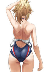 1girls alternate_version_available arm_up ass back back_view big_ass blonde_hair blue_swimsuit braid fate/apocrypha fate/grand_order fate_(series) female female_focus female_only french_braid mordred_(fate) one-piece_swimsuit one_arm_up ponytail simple_background small_breasts solo solo_female solo_focus swimsuit swimsuit_down thighs tied_hair tomboy tonee tying_hair undressed white_background