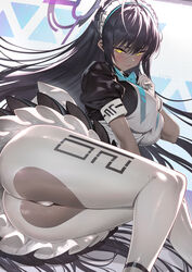 ass ass_focus blue_archive blush breasts cleaning_&_clearing_(blue_archive) crotchless crotchless_legwear crotchless_pants crotchless_pantyhose dark-skinned_female dark_skin embarrassed female female_focus female_only karin_(blue_archive) legwear lying lying_on_side maid maid_headdress millennium_science_school_logo_(blue_archive) millennium_science_school_student nipple_bulge nipples_visible_through_clothing panties pants pantyhose shazhiqiao sideboob simple_background tight_pants white_legwear white_panties white_pants white_pantyhose yellow_eyes