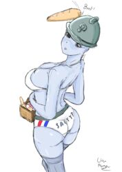 absurd_res anthro baguette blue_skin bra embarrassed french helmet horny looking_at_viewer panties request salty_french_boi thighhighs