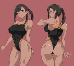 alternate_version_available ass back backboob bangs black_hair black_one-piece_swimsuit black_swimsuit black_swimwear blush breasts clenched_hands enen_no_shouboutai female female_focus female_only fire_force looking_at_viewer multiple_images muscles muscular muscular_arms muscular_female muscular_thighs nipples one-piece_swimsuit oze_maki pink_background ponytail purple_eyes simple_background solo solo_female solo_focus sport_swimsuit standing swimsuit tan tan_body tan_skin tanned tanned_skin webslinger