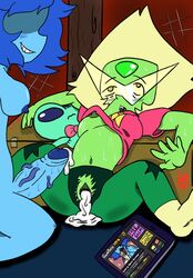 blue_hair blue_penis blue_skin cum cum_in_pussy cum_inside futa_on_female futanari green_hair green_skin lapis_lazuli_(steven_universe) lewdtoonyguy peridot_(steven_universe) steven_universe tablet