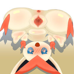 <3_eyes 1:1 absurd_res anus blue_eyes blush blush_lines dr.francat female from_front_position furry heart hi_res humanoid interspecies legendary_pokémon nintendo on_bottom on_top pokémon_(species) poképhilia pokemon pussy pussy_blush solo spread_legs spread_pussy spreading text upside-down victini video_games