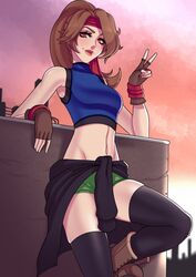 1girls brown_hair clothed crop_top female female_only final_fantasy final_fantasy_vii jessie_rasberry lipstick looking_down_at_viewer peace_sign ponytail smile smiling_at_viewer solo standing tulipsie