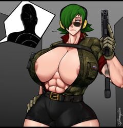 1girls abs areolae_slip avis_(strangehero) big_breasts blue_eyes buff button button_pop cleavage ear_muffs exposed_breasts firearm firing_range flying_button glasses gloves green_hair gun handgun huge_breasts looking_over_eyewear looking_over_glasses looking_over_sunglasses military military_jacket military_uniform mostly_clothed muscular muscular_female pistol police police_uniform popped_button ranged_weapon russian_flag shooting solo solo_female solo_focus stern_expression strangehero sunglasses tinted_eyewear wardrobe_malfunction wide_hips